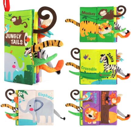 Multicolor beiens baby crinkle cloth book with various animal tails and textures, ideal for infant sensory play.
