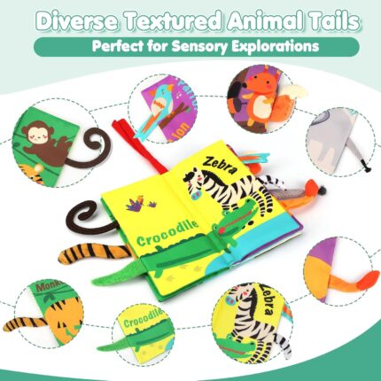 Multicolor beiens baby crinkle cloth book with various animal tails and textures, ideal for infant sensory play.