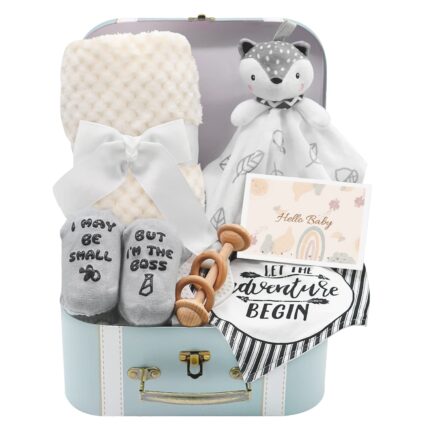 Fvntuey Baby Boy Gift Basket featuring a blanket, fox security lovey, moon wooden rattle, funny bib, socks, and a greeting ca