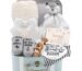 Fvntuey Baby Boy Gift Basket featuring a blanket, fox security lovey, moon wooden rattle, funny bib, socks, and a greeting ca