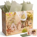 Extra-large GFInYHM gift bag with woodland animals: bear, fox, deer, hedgehog, with tissue paper and greeting card.