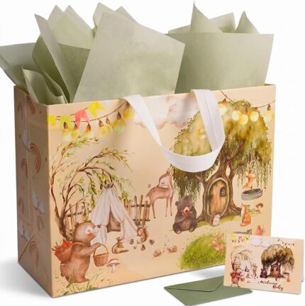 Extra-large GFInYHM gift bag with woodland animals: bear, fox, deer, hedgehog, with tissue paper and greeting card.