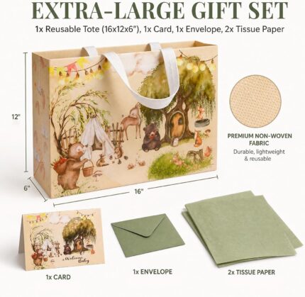 Extra-large GFInYHM gift bag with woodland animals: bear, fox, deer, hedgehog, with tissue paper and greeting card.