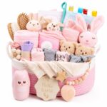 A luxurious 30-piece pink baby gift basket by Glowsprout, filled with newborn essentials and keepsakes.