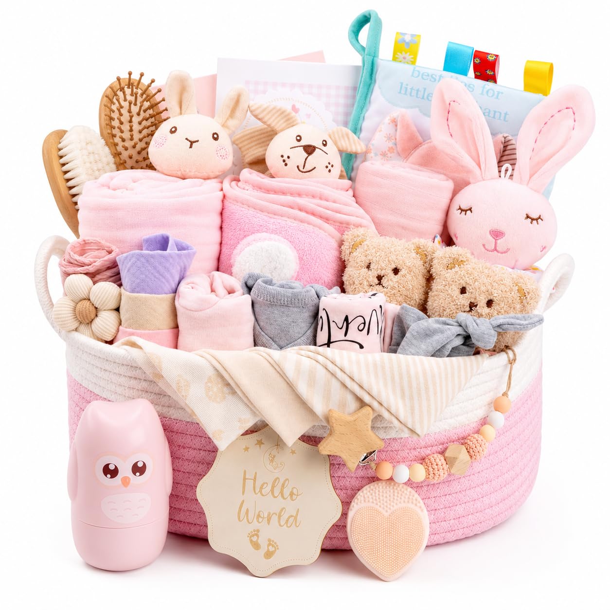 Version 1.0.0 A luxurious 30-piece pink baby gift basket by Glowsprout, filled with newborn essentials and keepsakes.