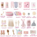 A luxurious 30-piece pink baby gift basket by Glowsprout, filled with newborn essentials and keepsakes.