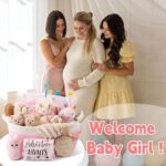 A luxurious 30-piece pink baby gift basket by Glowsprout, filled with newborn essentials and keepsakes.
