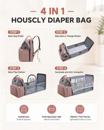 Pink houscly diaper bag backpack with changing station, open to show compartments and accessories.