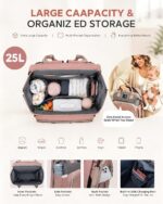 Pink houscly diaper bag backpack with changing station, open to show compartments and accessories.