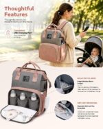Pink houscly diaper bag backpack with changing station, open to show compartments and accessories.