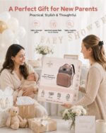 Pink houscly diaper bag backpack with changing station, open to show compartments and accessories.