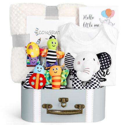 iAOVUEBY baby gift set with high contrast black and white elephant toy, rattle socks, blanket, and onesie.