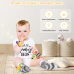 iAOVUEBY baby gift set with high contrast black and white elephant toy, rattle socks, blanket, and onesie.