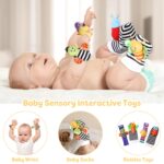 iAOVUEBY baby gift set with high contrast black and white elephant toy, rattle socks, blanket, and onesie.