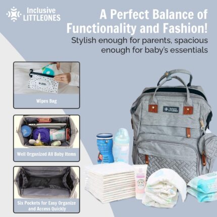 Grey Inclusive LittleOnes diaper bag backpack with a changing station unfolded, showing baby essentials and a pacifier case.