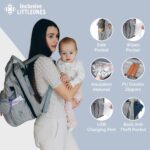 Grey Inclusive LittleOnes diaper bag backpack with a changing station unfolded, showing baby essentials and a pacifier case.