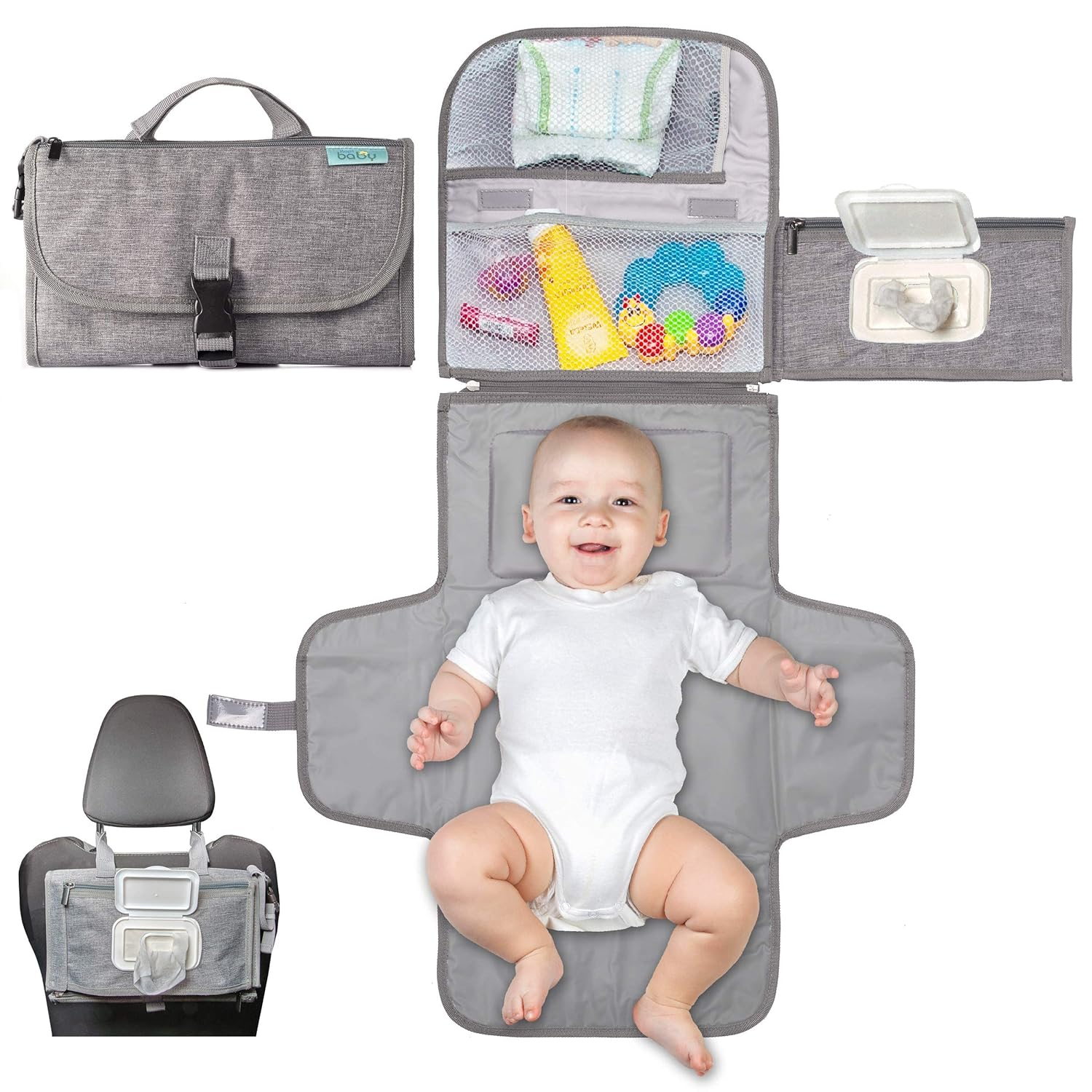 kopi-baby-portable-diaper-changing-pad-classic-grey-waterproof-mat-with-wipes-pocket-01 Kopi Baby portable diaper changing pad in classic grey, folded with strap, showing wipes pocket and storage.