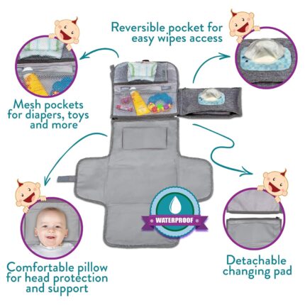 Kopi Baby portable diaper changing pad in classic grey, folded with strap, showing wipes pocket and storage.