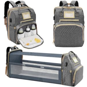 Light grey Lenski diaper bag backpack with a front pocket, showing its spacious design and modern features.