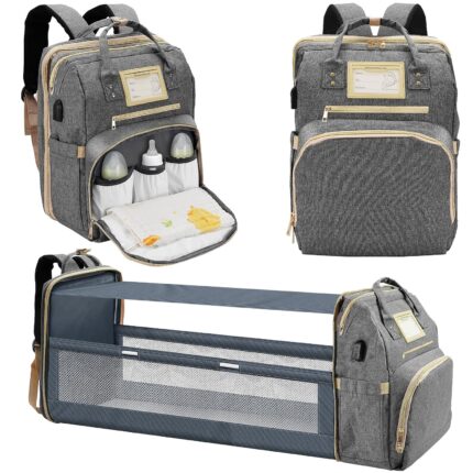 Light grey Lenski diaper bag backpack with a front pocket, showing its spacious design and modern features.