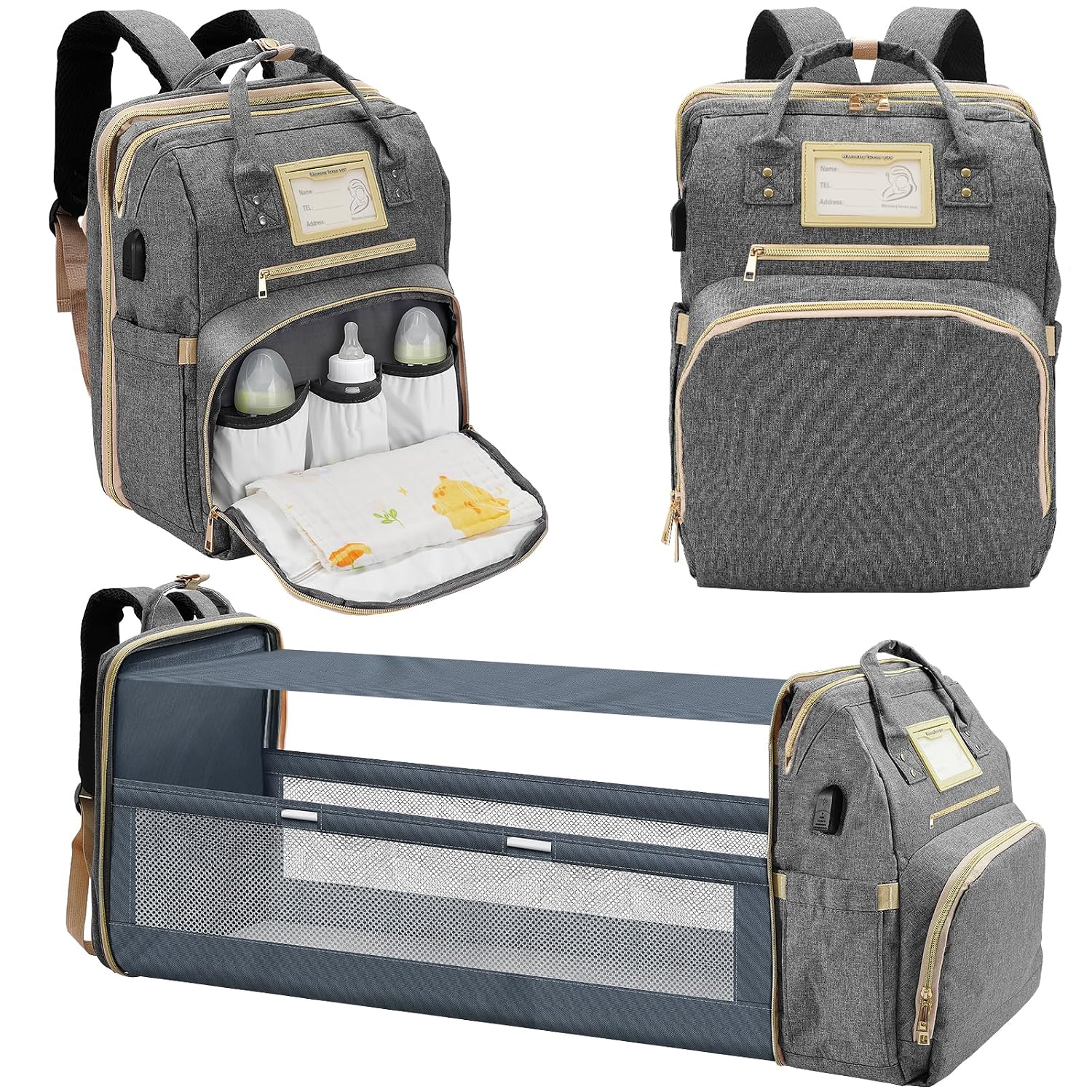 lenski-large-light-grey-diaper-bag-backpack-with-changing-station-usb-port-01 Light grey Lenski diaper bag backpack with a front pocket, showing its spacious design and modern features.