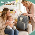 Light grey Lenski diaper bag backpack with a front pocket, showing its spacious design and modern features.