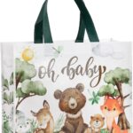 A close-up of the Loveinside "Oh Baby" reusable gift bag featuring woodland animals like bears, foxes, deer, and rabbits.