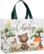 A close-up of the Loveinside "Oh Baby" reusable gift bag featuring woodland animals like bears, foxes, deer, and rabbits.