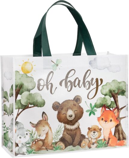 A close-up of the Loveinside "Oh Baby" reusable gift bag featuring woodland animals like bears, foxes, deer, and rabbits.