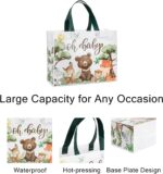 A close-up of the Loveinside "Oh Baby" reusable gift bag featuring woodland animals like bears, foxes, deer, and rabbits.