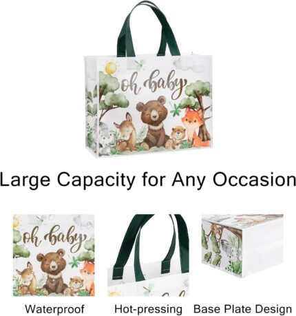 A close-up of the Loveinside "Oh Baby" reusable gift bag featuring woodland animals like bears, foxes, deer, and rabbits.
