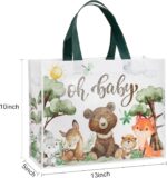A close-up of the Loveinside "Oh Baby" reusable gift bag featuring woodland animals like bears, foxes, deer, and rabbits.