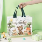A close-up of the Loveinside "Oh Baby" reusable gift bag featuring woodland animals like bears, foxes, deer, and rabbits.