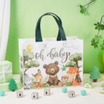 A close-up of the Loveinside "Oh Baby" reusable gift bag featuring woodland animals like bears, foxes, deer, and rabbits.
