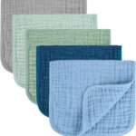 Five MIGIOL muslin burp cloths in shades of blue and green, folded neatly on a light background.