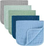 Five MIGIOL muslin burp cloths in shades of blue and green, folded neatly on a light background.