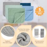 Five MIGIOL muslin burp cloths in shades of blue and green, folded neatly on a light background.