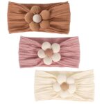 Three soft nylon baby headbands with flower embellishments in yellow, pink, and brown colors, suitable for infants.