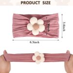 Three soft nylon baby headbands with flower embellishments in yellow, pink, and brown colors, suitable for infants.