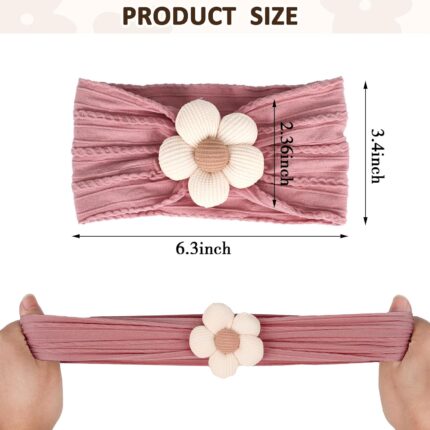 Three soft nylon baby headbands with flower embellishments in yellow, pink, and brown colors, suitable for infants.