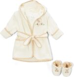Close-up of a brown Spasilk 100% cotton hooded terry bathrobe with a cartoon pattern and matching booties.