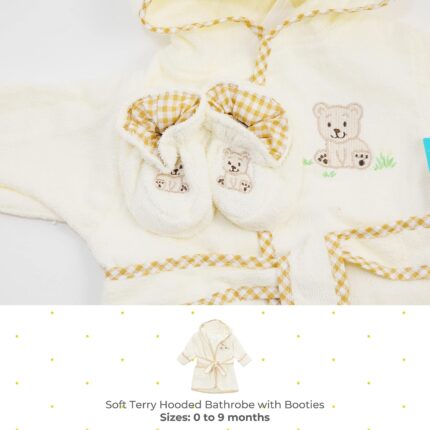 Close-up of a brown Spasilk 100% cotton hooded terry bathrobe with a cartoon pattern and matching booties.