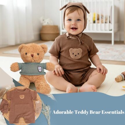 A 9-piece baby boy gift set including a teddy bear outfit, plush bear, pacifier clip, blue bib, and cotton basket.