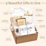 A 9-piece khaki new mom and dad gift set with mugs, baby onesie, swaddle blanket, socks, and affirmation cards.