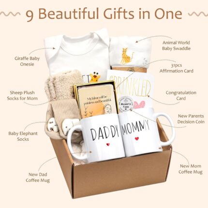 A 9-piece khaki new mom and dad gift set with mugs, baby onesie, swaddle blanket, socks, and affirmation cards.