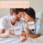 A 9-piece khaki new mom and dad gift set with mugs, baby onesie, swaddle blanket, socks, and affirmation cards.