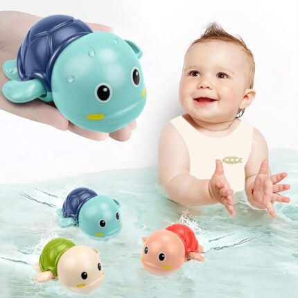 Three colorful TOHIBEE wind-up turtle bath toys, blue, green, and red, floating in water, designed for toddlers.