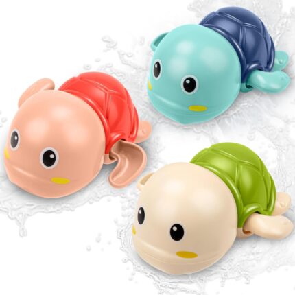 Three colorful TOHIBEE wind-up turtle bath toys, blue, green, and red, floating in water, designed for toddlers.