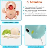 Three colorful TOHIBEE wind-up turtle bath toys, blue, green, and red, floating in water, designed for toddlers.