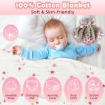 Pink baby girl gift set with swaddle blanket, bunny rattle, elephant lovey, headband, socks, bib, and birth sign in a gift bo